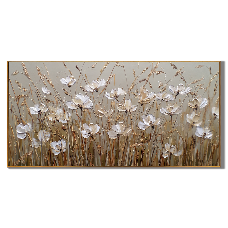 Autumn Whispers – Wabi-Sabi White Floral Earth Tone Impasto Canvas | Minimalist Living Room Wall Art