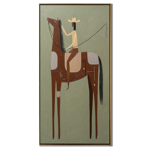 Sage Lasso – Vintage Americana Rider with Rope on Brown Horse Painting | Western Hallway Art