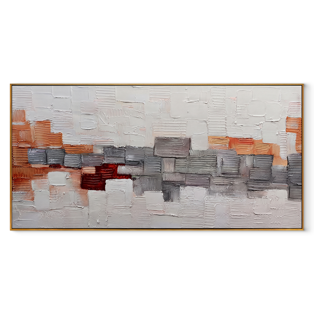 Ember Blocks in Silence – White Orange Geometric Relief Painting | Modern Horizontal Wall Art