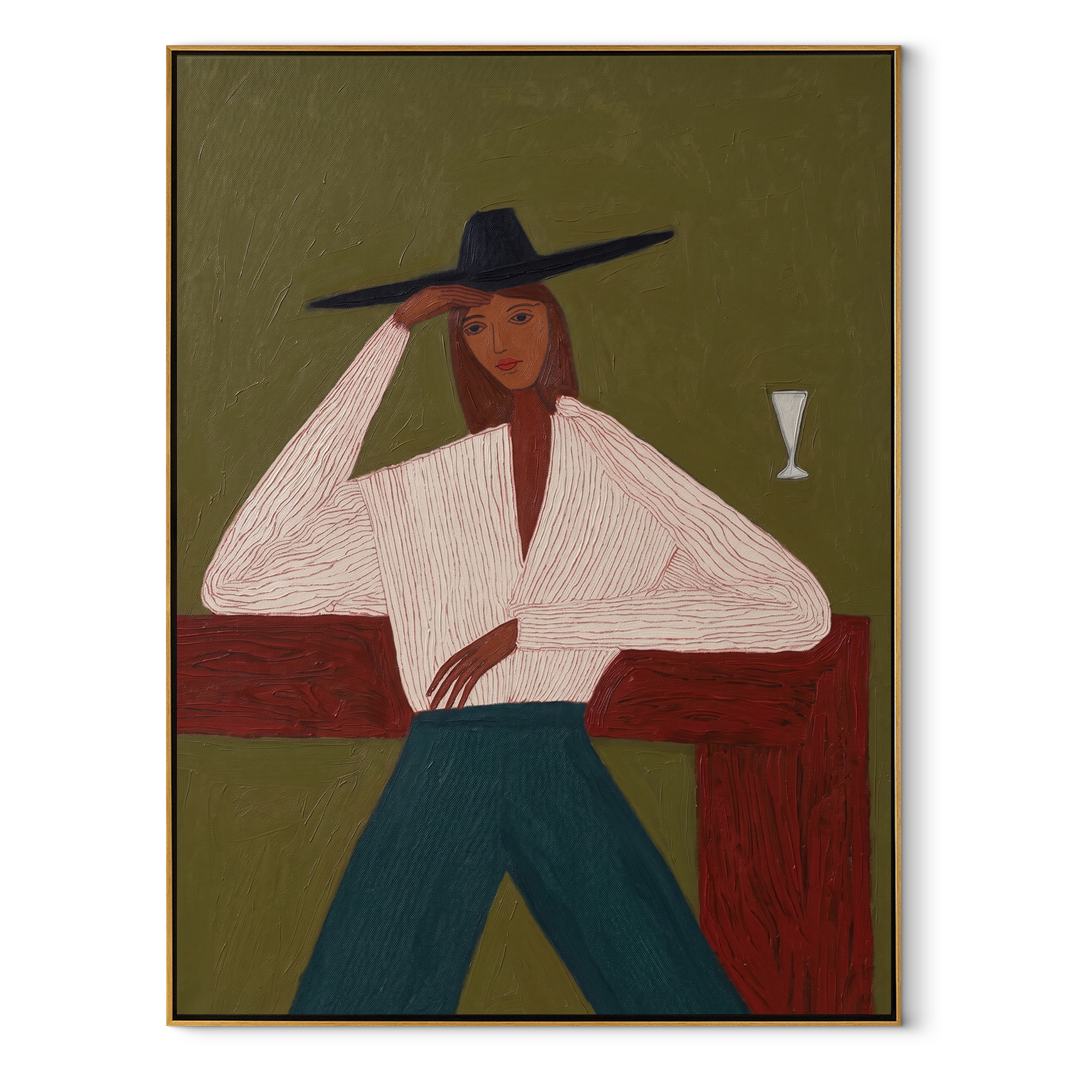 White Blouse Waits Green – Seated White Blouse Woman Painting | Mid-Century Modern Vertical Wall Art