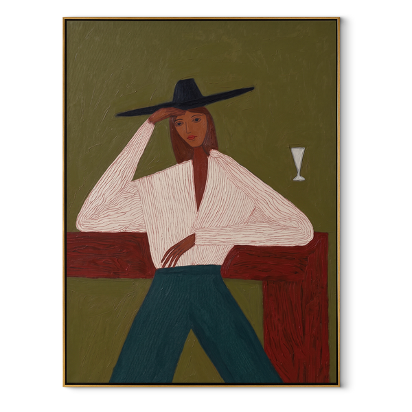 White Blouse Waits Green – Seated White Blouse Woman Painting | Mid-Century Modern Vertical Wall Art