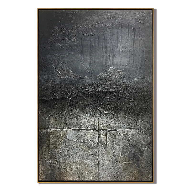 Earthen Crust – Hand-Painted Dark Grey Volcanic Texture Plaster Relief Wabi-Sabi Painting | Japandi Wabi-Sabi Living Room & Bedroom Art
