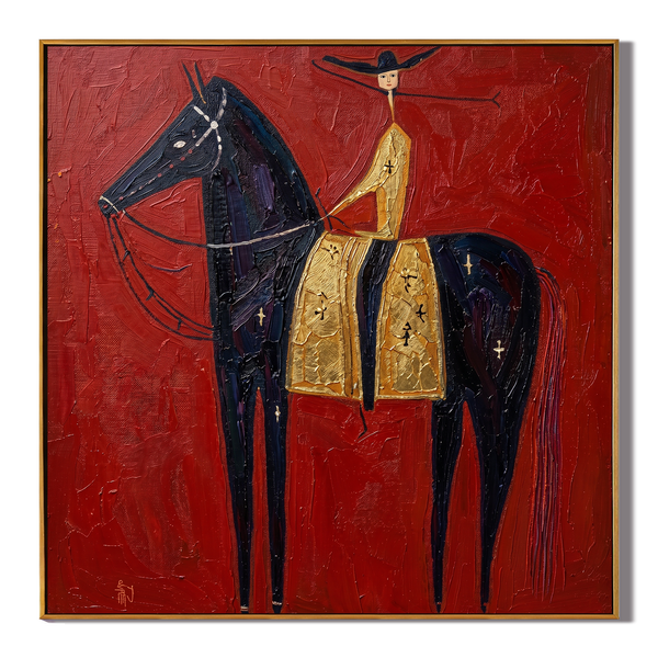 Crimson Throne – Vintage Americana Rider in Gold Dress on Black Horse Painting | Bold Luxury Living Room Art