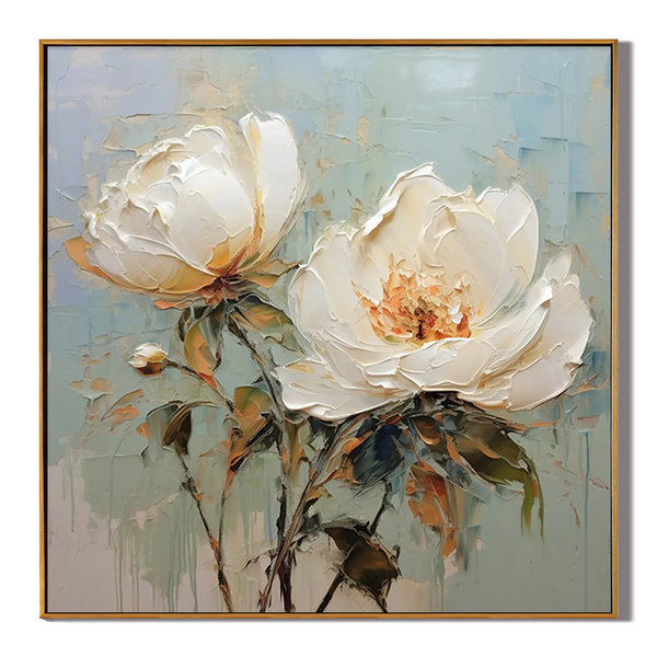 Ivory Duo – Modern Floral Palette Knife Texture Painting | Soft Organic Botanical Bedroom & Living Room Art