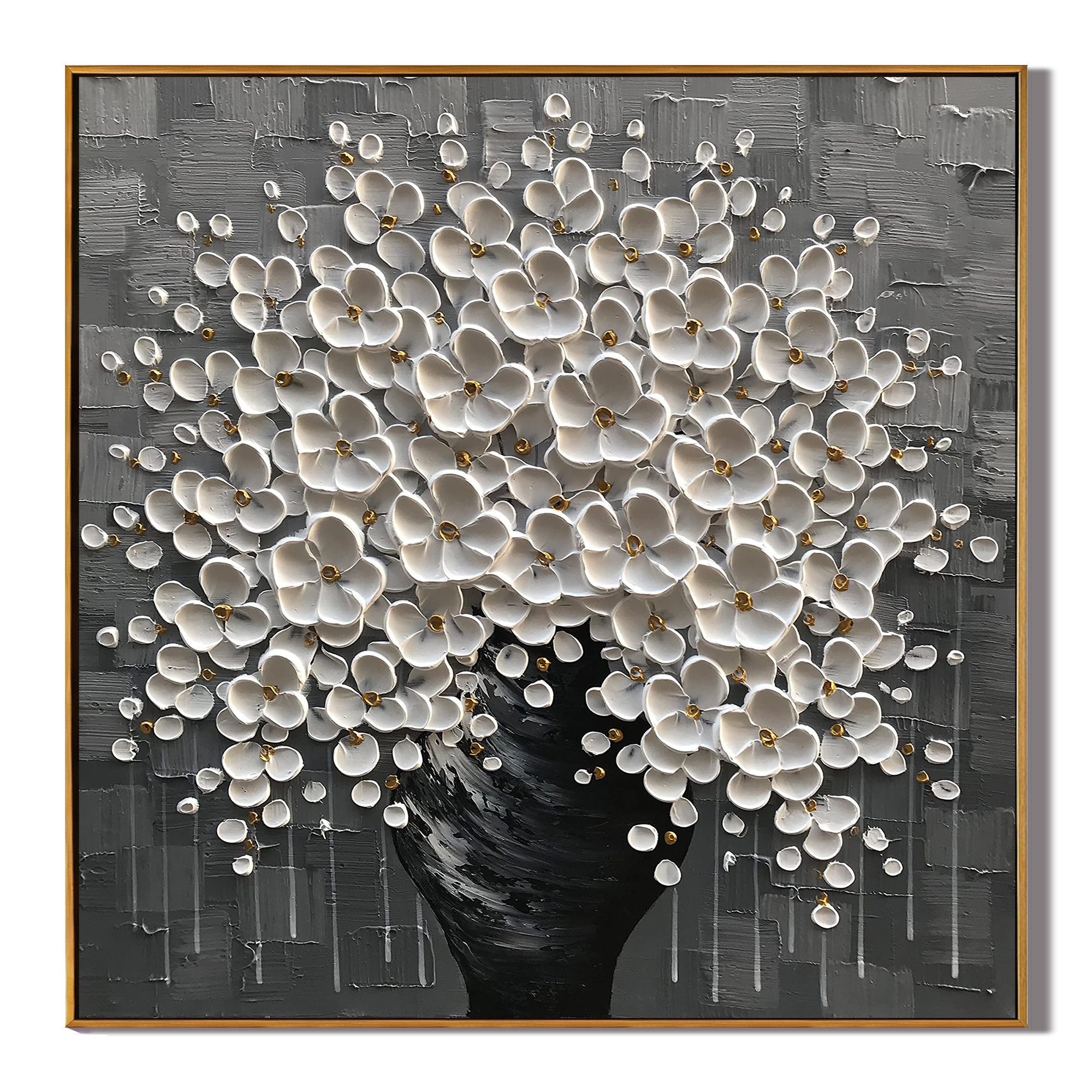 SILVER BLOOM: 3D Heavy Texture White Flower Wall Art, Luxury Monochrome Tree Relief