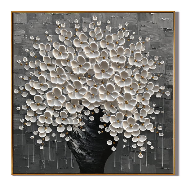 Silver Bloom – Luxury Monochrome Tree Relief Floral Painting | Minimalist Botanical Bedroom & Living Room Art