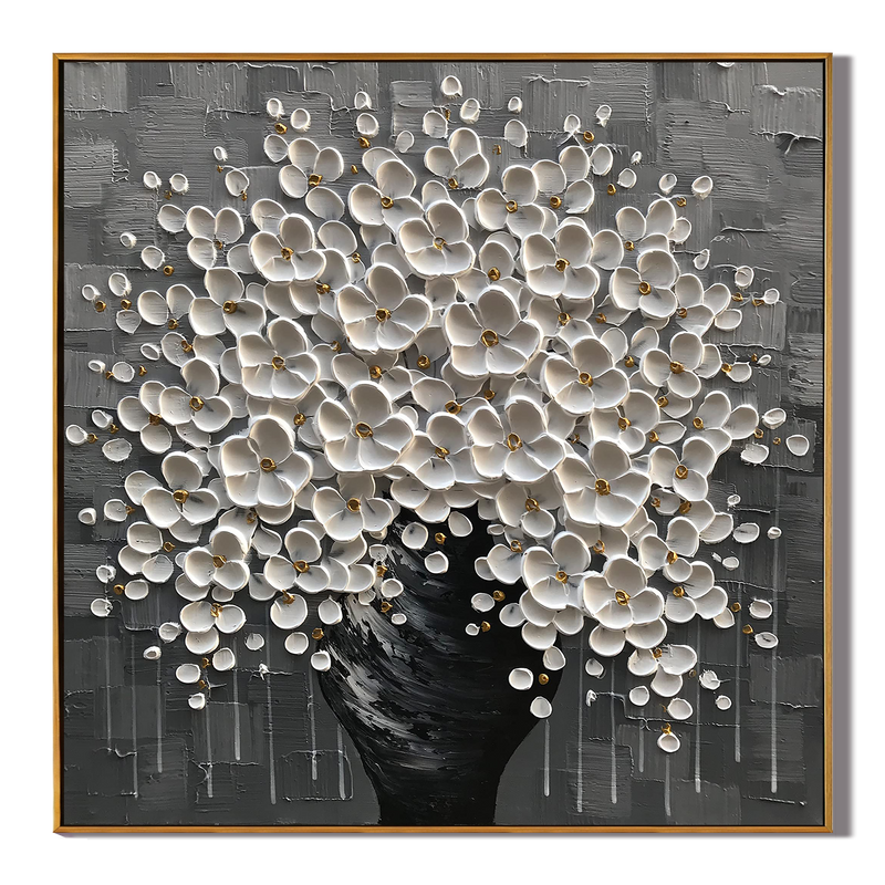 Silver Bloom – Luxury Monochrome Tree Relief Floral Painting | Minimalist Botanical Bedroom & Living Room Art