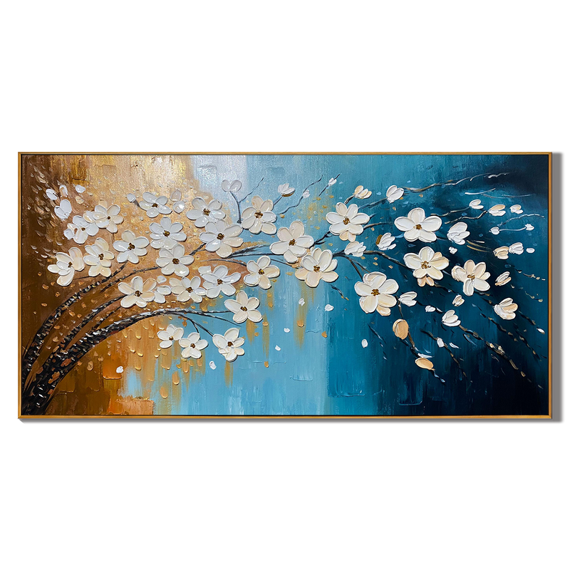 Golden Blossoms – Modern Blue and Gold Tree Hand-Painted Floral Painting | Modern Luxury Botanical Bedroom & Living Room Art
