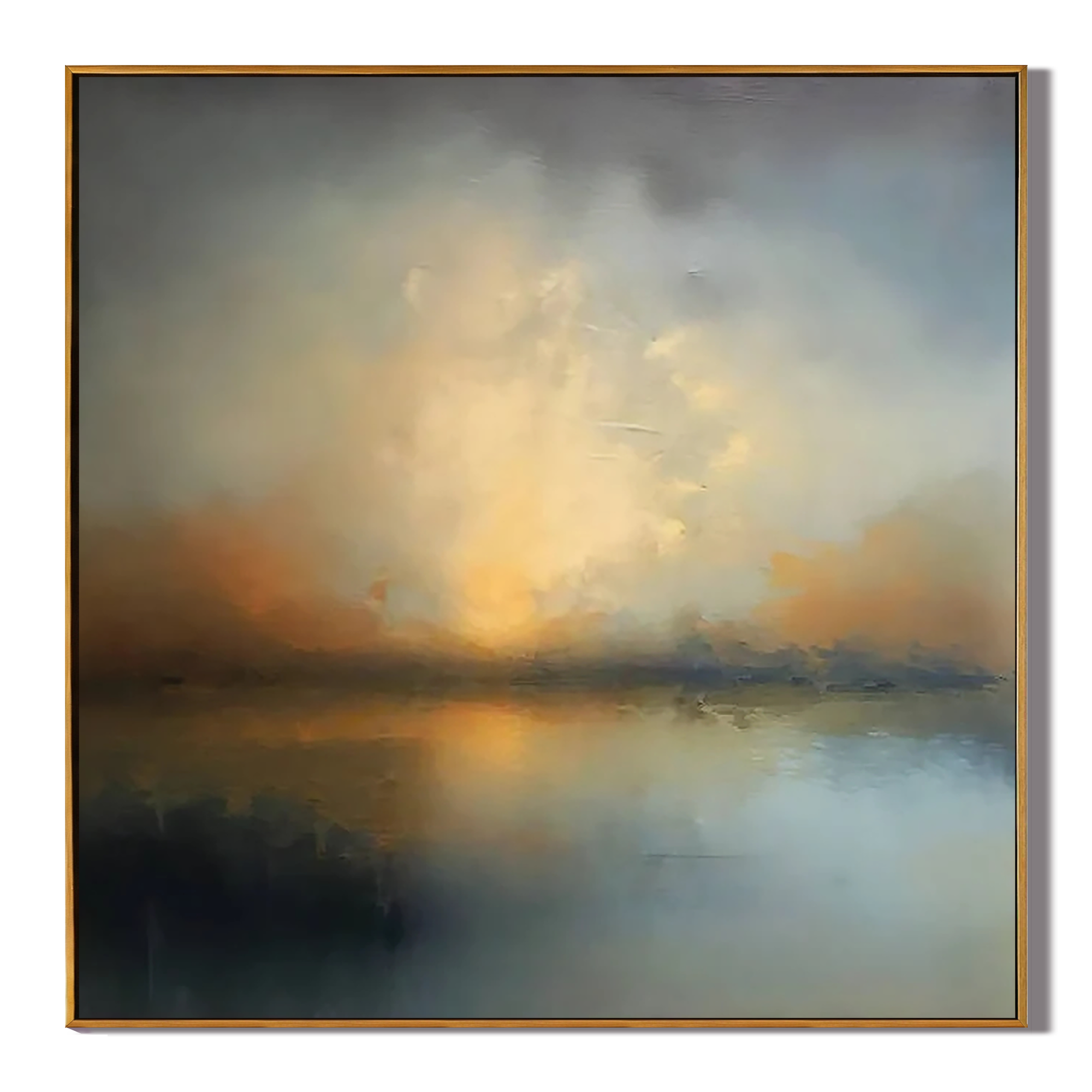 GLOWING HORIZON: Landscape Art, Hand-Painted Atmospheric Sunset Lake Abstract 3D Textured Canvas Painting