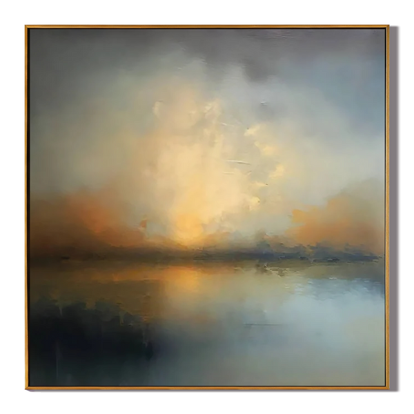 Glowing Horizon – Hand-Painted Atmospheric Sunset Lake Abstract Landscape Painting | Contemporary Landscape Living Room & Dining Room Art