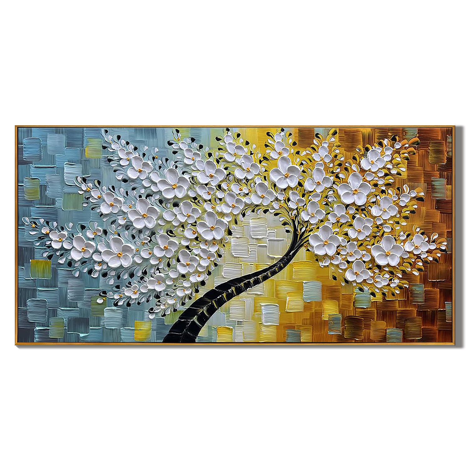 GOLDEN BLOOM: Panoramic 3D Heavy Texture Floral Wall Art, White and Amber Relief Tree