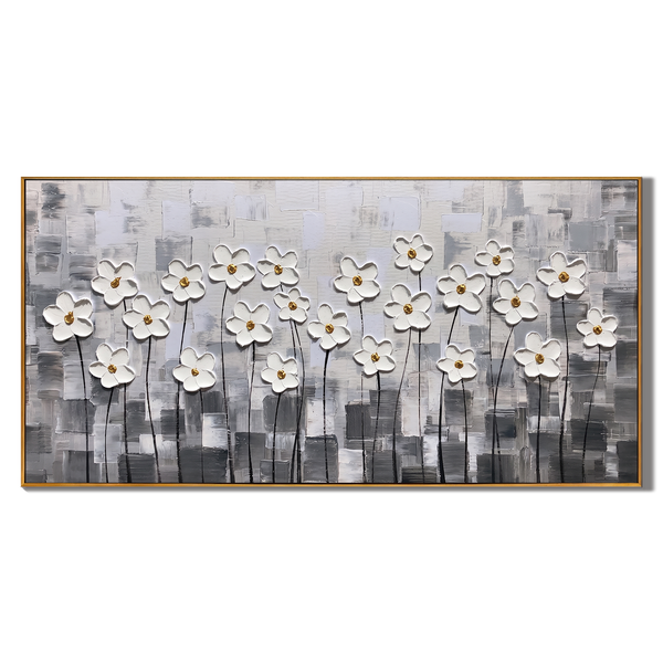 Silent Bloom – Modern Minimalist Gray and White Impasto Floral Canvas | Luxury Living Room Wall Art