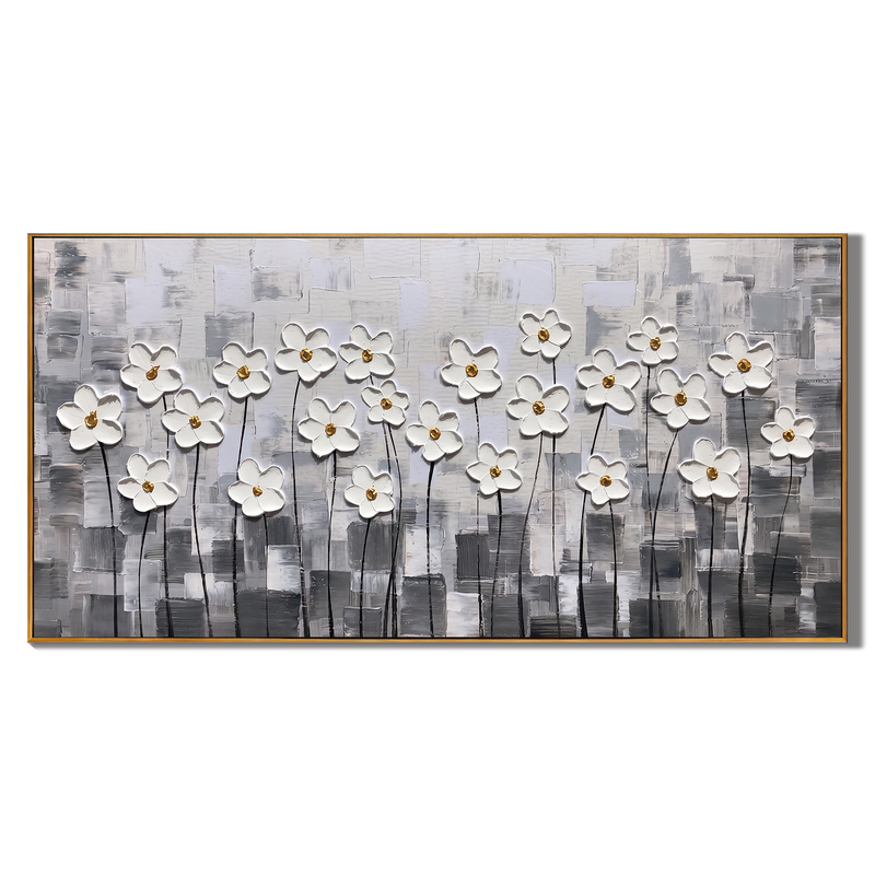 Silent Bloom – Modern Minimalist Gray and White Impasto Floral Canvas | Luxury Living Room Wall Art