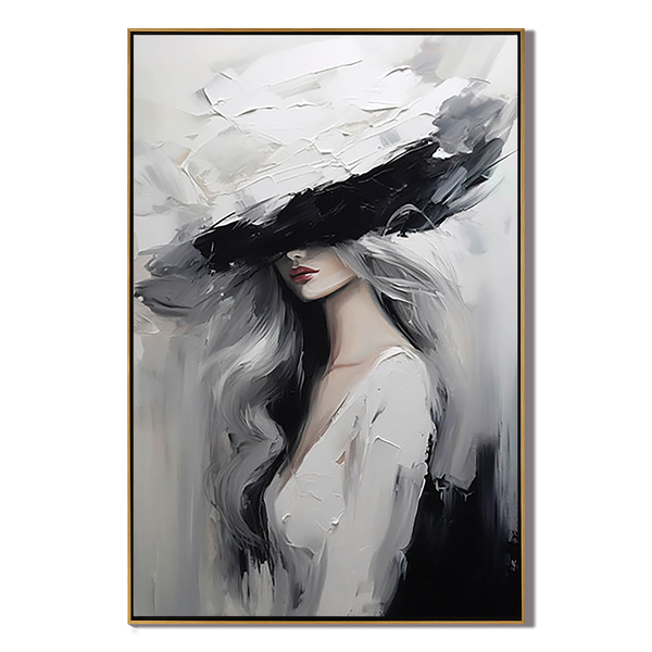 Modern Chic – Palette Knife Portrait Painting | Stylish Lady in Hat Abstract Bedroom Oil Art