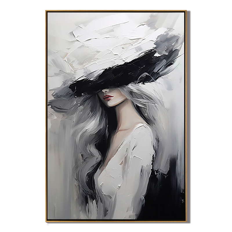 Modern Chic – Palette Knife Portrait Painting | Stylish Lady in Hat Abstract Bedroom Oil Art