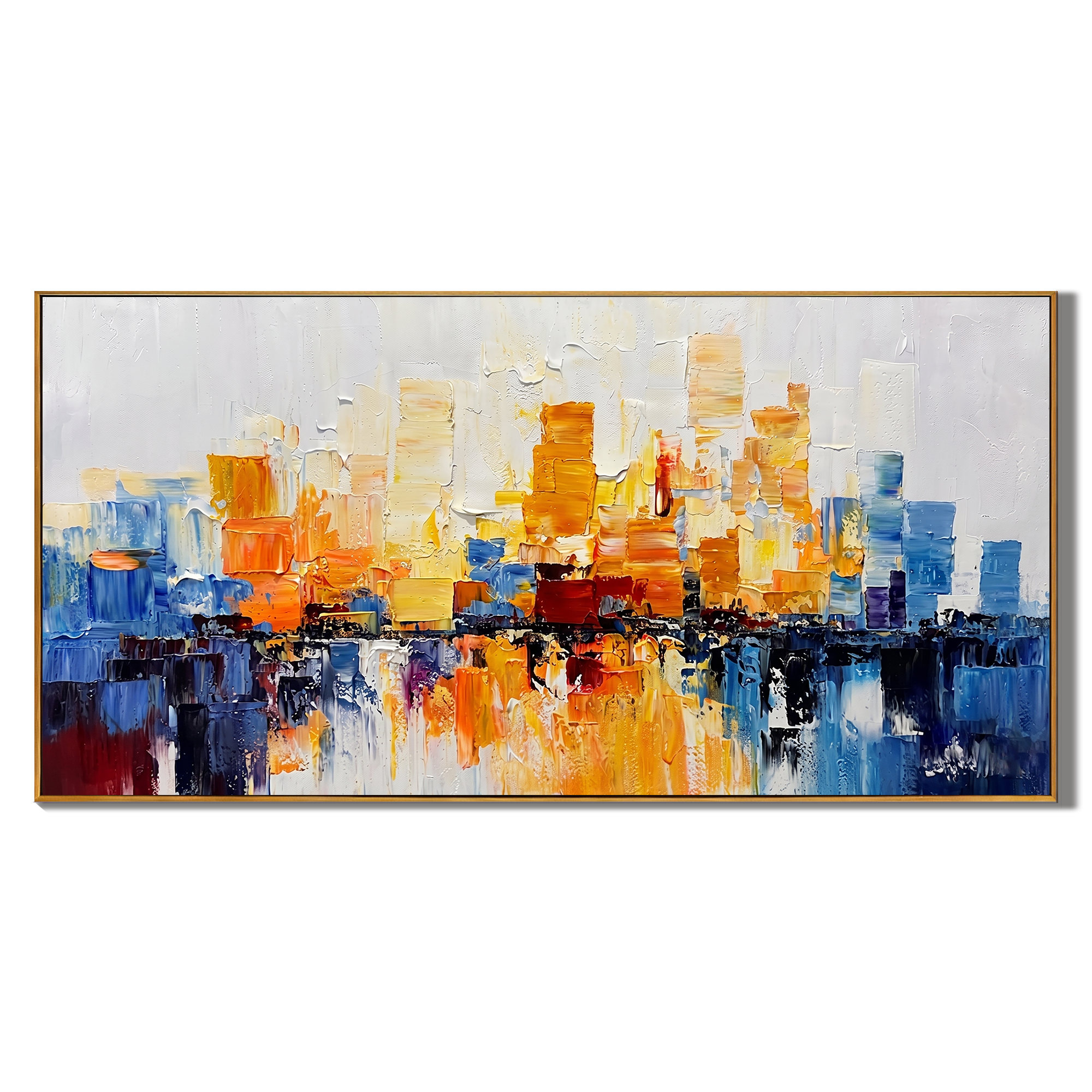 Dawn Metropolis - Modern Abstract Orange and Blue Impasto Cityscape Canvas | Vibrant Living Room Art