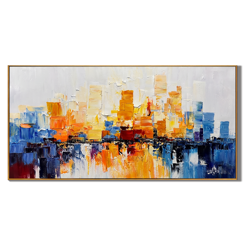 Dawn Metropolis – Modern Abstract Orange and Blue Impasto Cityscape Canvas | Vibrant Living Room Art