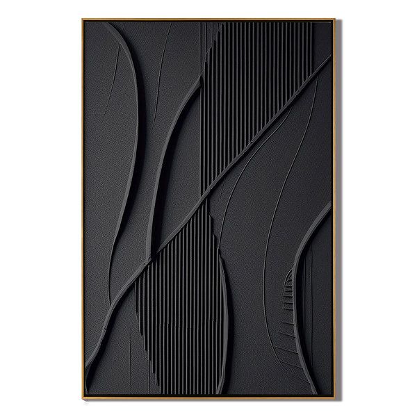 Onyx Veins – Hand-Painted Matte Black Intertwined Fluid Lines Fluted Texture Relief Wabi-Sabi Painting | Japandi Wabi-Sabi Living Room & Bedroom Art