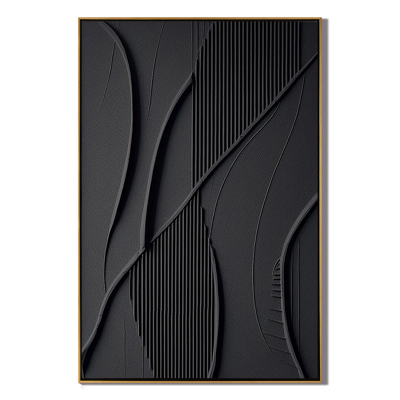 Onyx Veins – Hand-Painted Matte Black Intertwined Fluid Lines Fluted Texture Relief Wabi-Sabi Painting | Japandi Wabi-Sabi Living Room & Bedroom Art