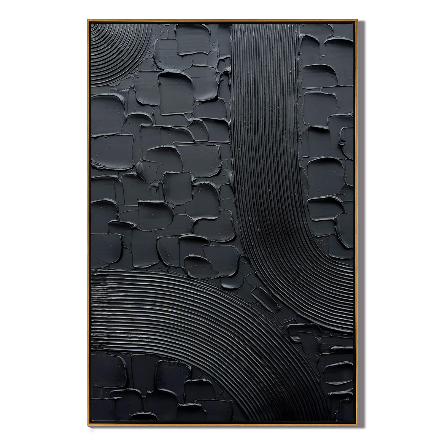 MIDNIGHT MESH: 3D Heavy Texture Black Wall Art, Modern All-Black Plaster Relief Canvas
