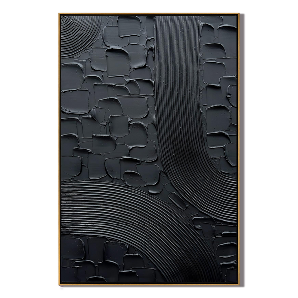Midnight Mesh – Modern All-Black Plaster Relief Canvas Texture Painting | Modern Industrial Plaster Home Office & Living Room Art