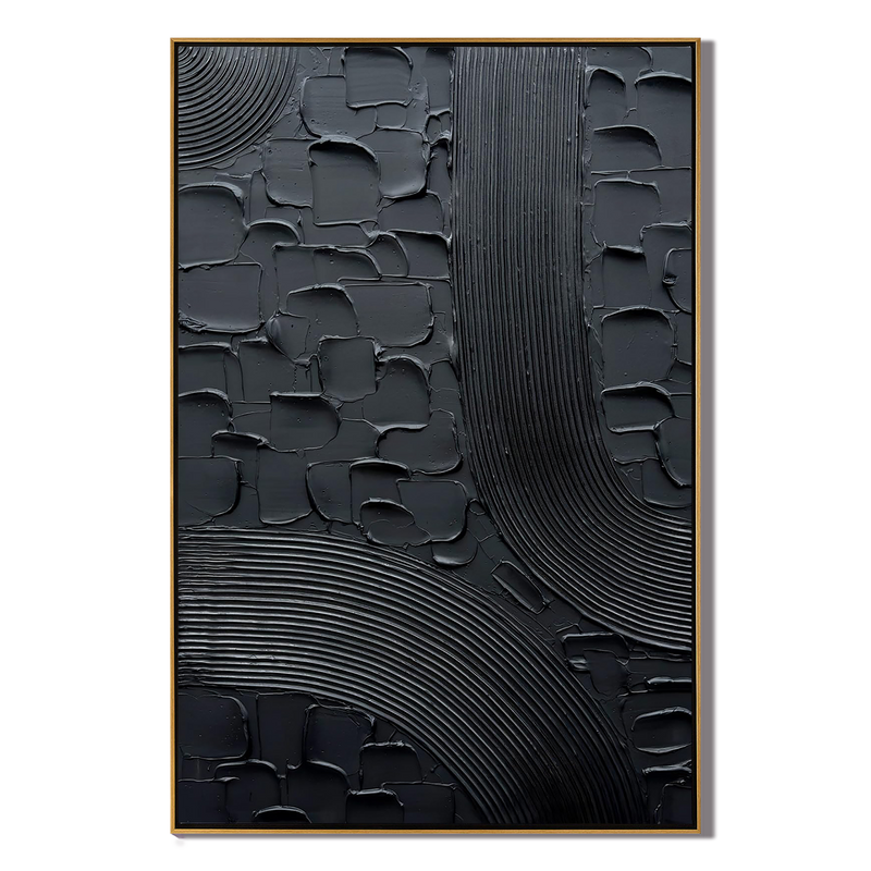 Midnight Mesh – Modern All-Black Plaster Relief Canvas Texture Painting | Modern Industrial Plaster Home Office & Living Room Art