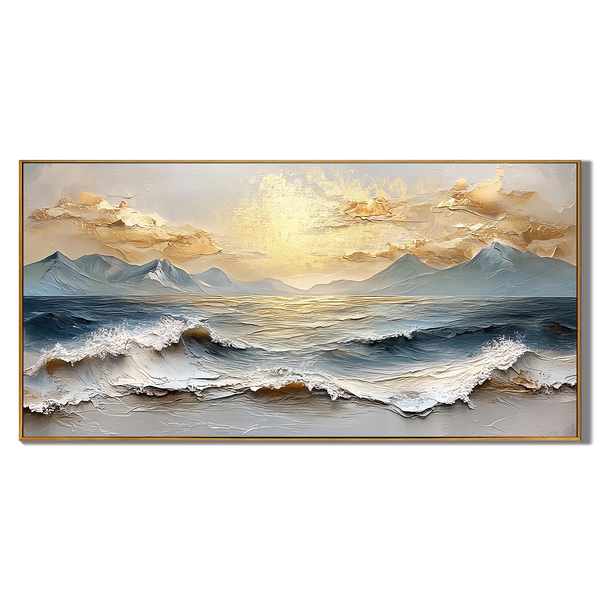 Aurum Tide – Hand-Painted Golden Sunset Mountain Ocean Wave Palette Knife Oil Seascape Painting | Contemporary Mountain Living Room & Home Office Art