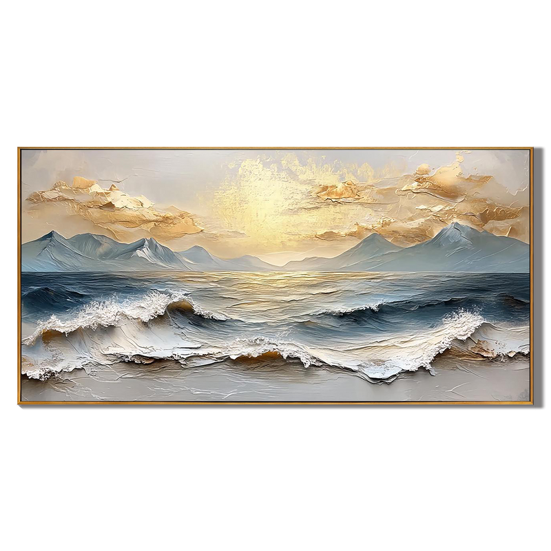 Aurum Tide – Hand-Painted Golden Sunset Mountain Ocean Wave Palette Knife Oil Seascape Painting | Contemporary Mountain Living Room & Home Office Art