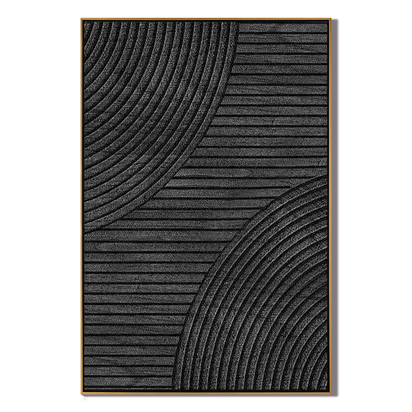 Linear Eclipse – Hand-Painted All-Black Minimalist Geometric Plaster Relief Texture Painting | Bold Minimalist Bedroom & Home Office Art