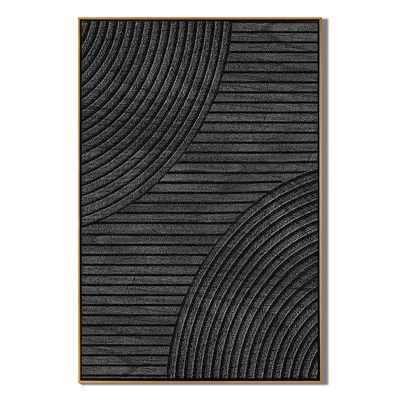 Linear Eclipse – Hand-Painted All-Black Minimalist Geometric Plaster Relief Texture Painting | Bold Minimalist Bedroom & Home Office Art
