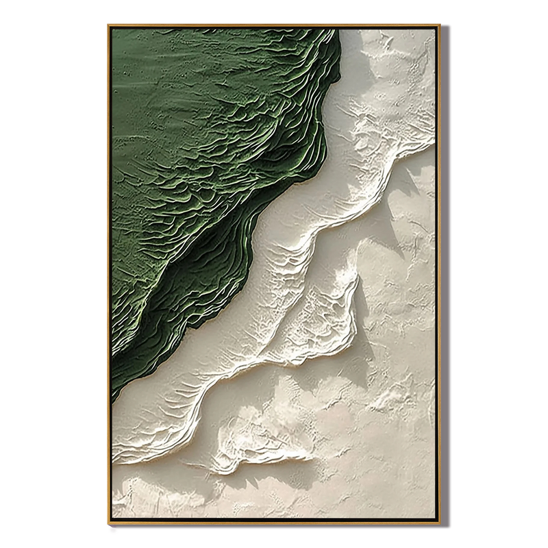 Emerald Rift – Hand-Painted Forest Green and Cream 3D Relief Texture Painting | Contemporary Landscape Living Room & Dining Room Art