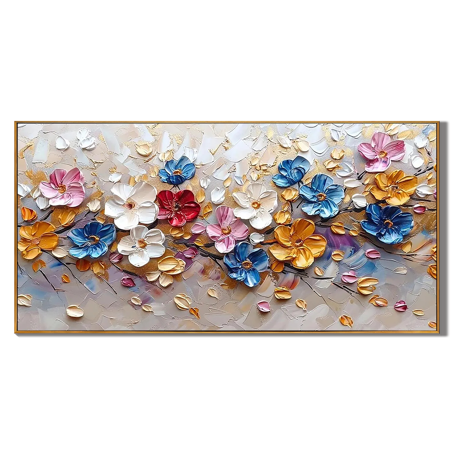 PRISMATIC BLOOM: Flower-tree Art, Hand-Painted Horizontal Vibrant Multicolored 3D Impasto Palette Knife Heavy Texture Gallery Art