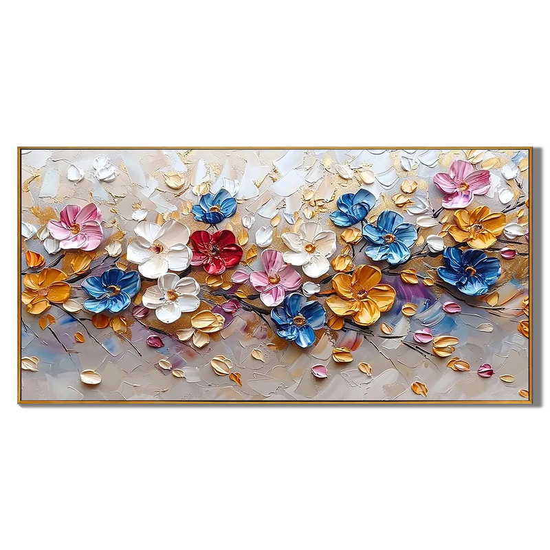 Prismatic Bloom – Hand-Painted Vibrant Multicolored 3D Impasto Palette Knife Floral Painting | Vibrant Botanical Living Room & Dining Room Art