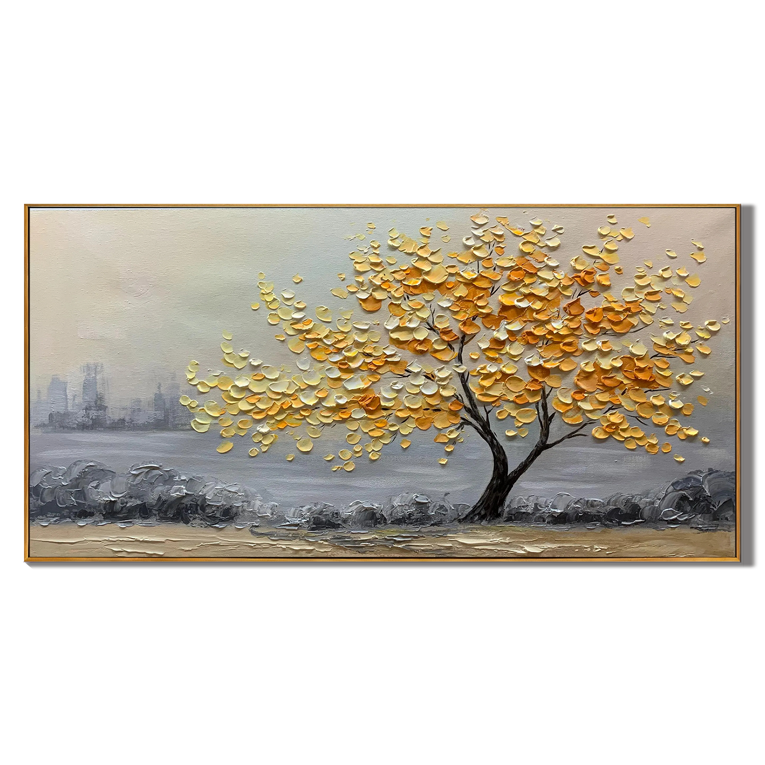 GOLDEN HARVEST: Tree Wall Art, 3D Heavy Texture Yellow Flower Hand-Painted Landscape Oil Painting
