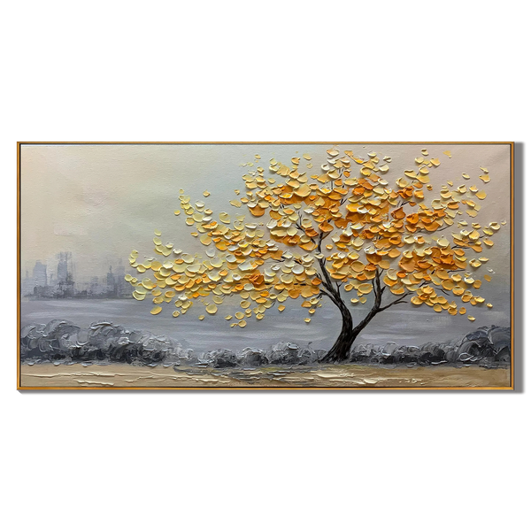 Golden Harvest – 3D Heavy Texture Yellow Flower Hand-Painted Landscape Oil Tree Painting | Modern Luxury Botanical Bedroom & Living Room Art