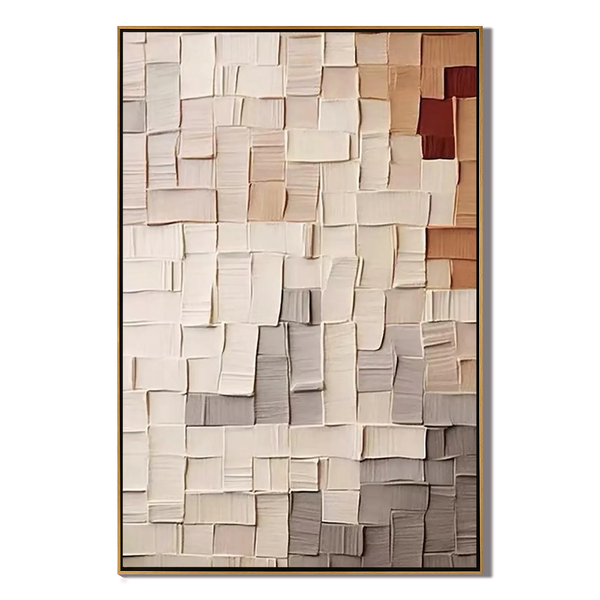 Geometric Mosaic – Neutral 3D Block Palette Knife Abstract Minimalist Painting | Modern Minimalist Bedroom & Home Office Art