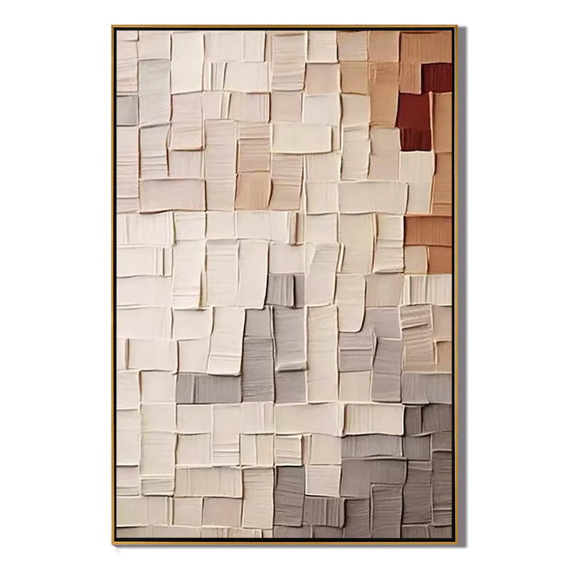 Geometric Mosaic – Neutral 3D Block Palette Knife Abstract Minimalist Painting | Modern Minimalist Bedroom & Home Office Art