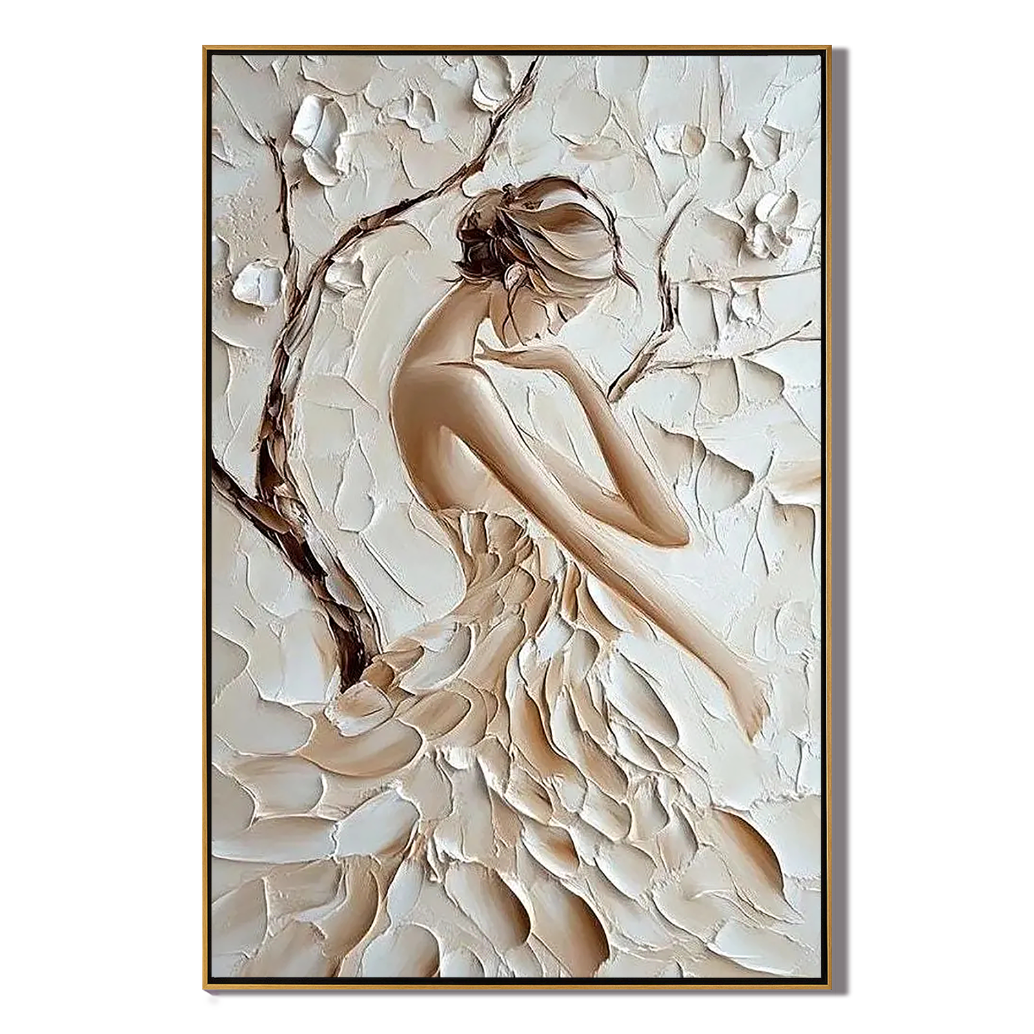 Elegance in Bloom – Modern French Luxury Creamy Textured Painting | Petal Dress Lady Bedroom Art