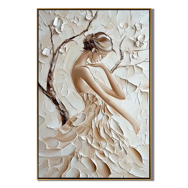 Elegance in Bloom – Modern French Luxury Creamy Textured Painting | Petal Dress Lady Bedroom Art