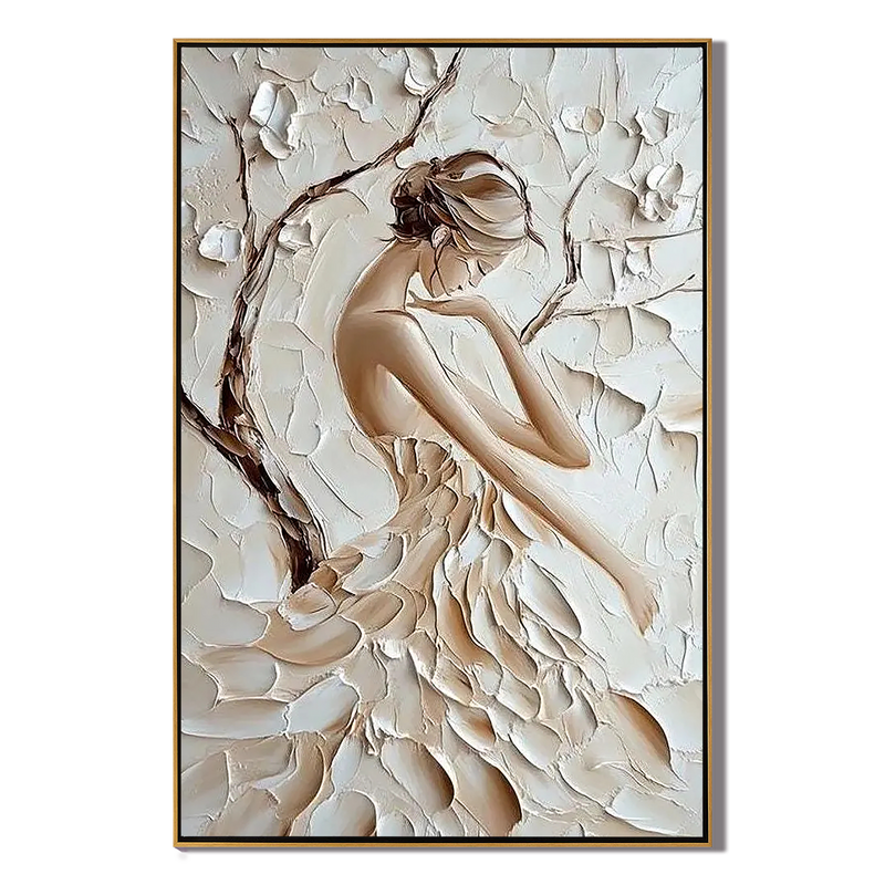 Elegance in Bloom – Modern French Luxury Creamy Textured Painting | Petal Dress Lady Bedroom Art