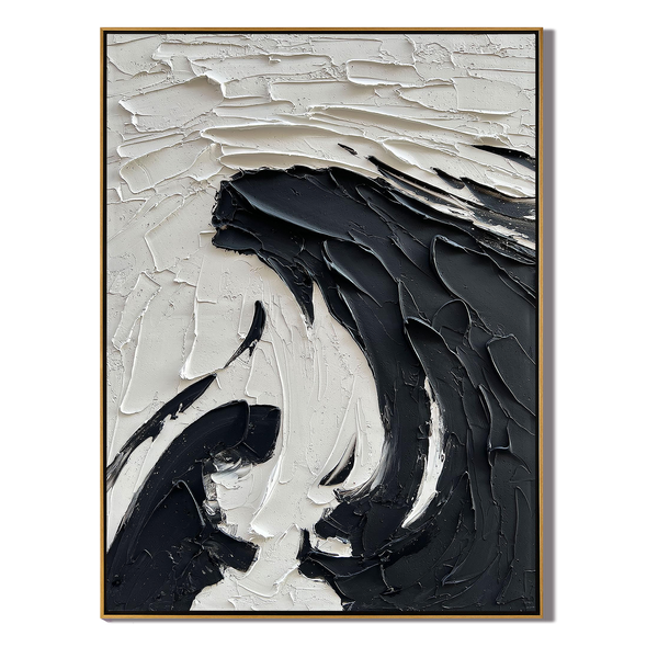 Noir Swirl – Black and White Plaster Relief Abstract Painting | Industrial Abstract Home Office & Living Room Art