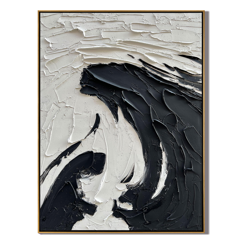 Noir Swirl – Black and White Plaster Relief Abstract Painting | Industrial Abstract Home Office & Living Room Art