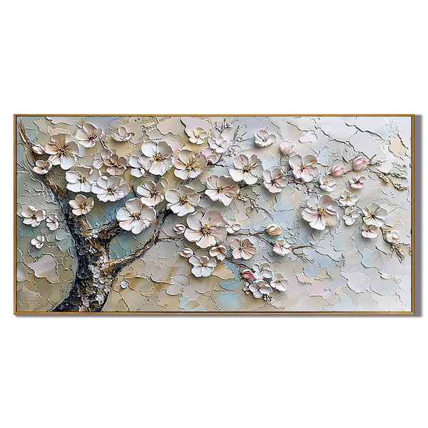 Alabaster Bloom – Hand-Painted White Blossom 3D Relief Palette Knife Floral Painting | Contemporary Botanical Bedroom & Living Room Art