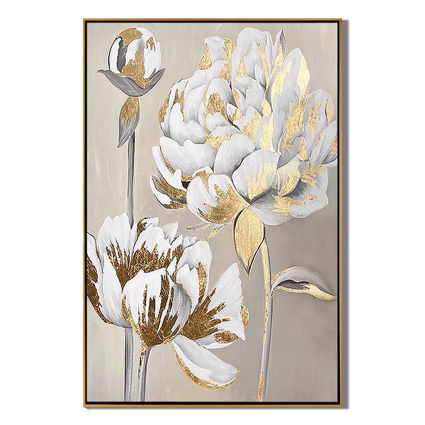 Golden Peony – Hand-Painted Off-White and Gold Foil 3D Relief Plaster Effect Floral Painting | Modern Luxury Botanical Bedroom & Living Room Art