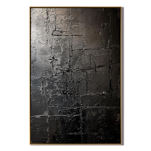 Charcoal Vestige – Hand-Painted Distressed Black Plaster Relief Wabi-Sabi Painting | Modern Noir Wabi-Sabi Living Room & Home Office Art