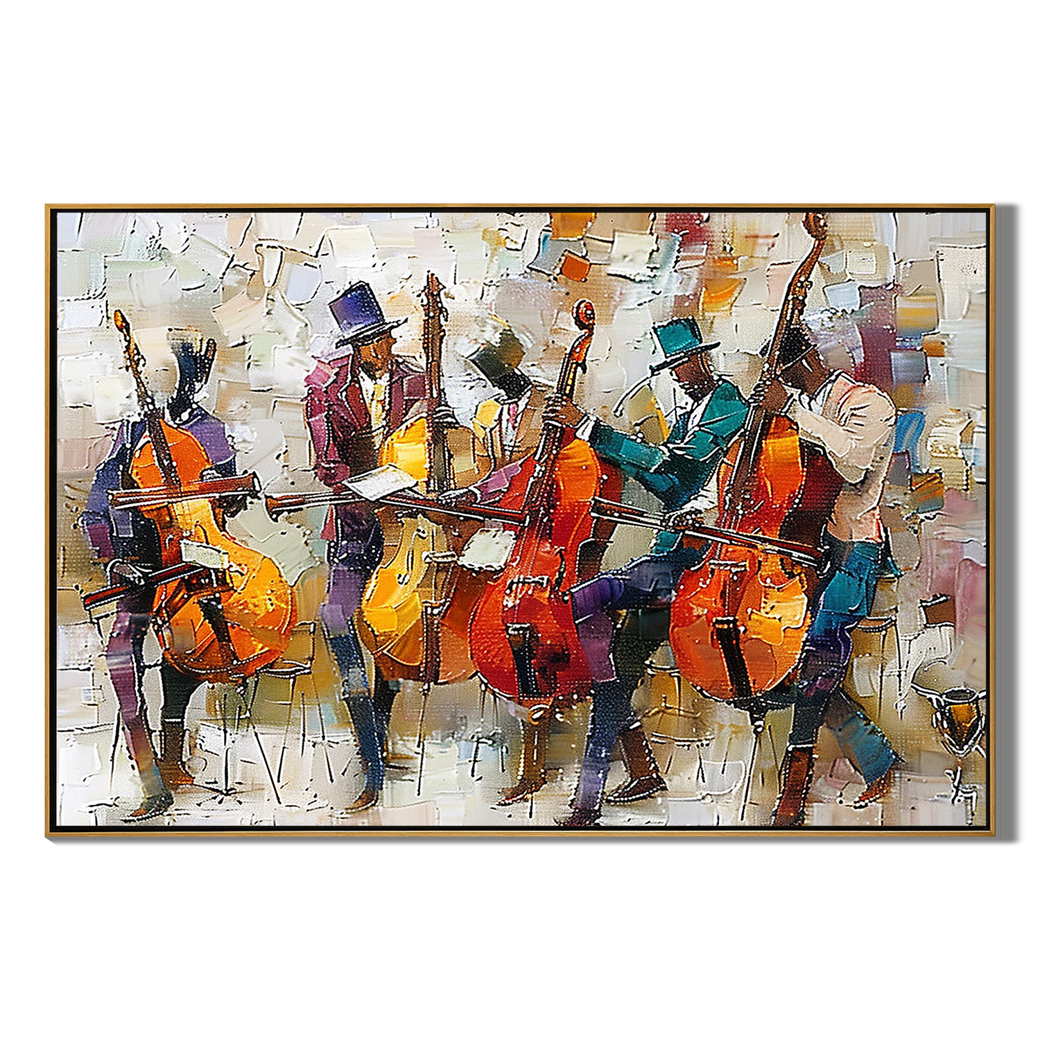 JAZZ RHYTHM: People Portrait Wall Art, Hand-Painted Abstract Cello Ensemble Musical Palette Knife Textured Oil Painting