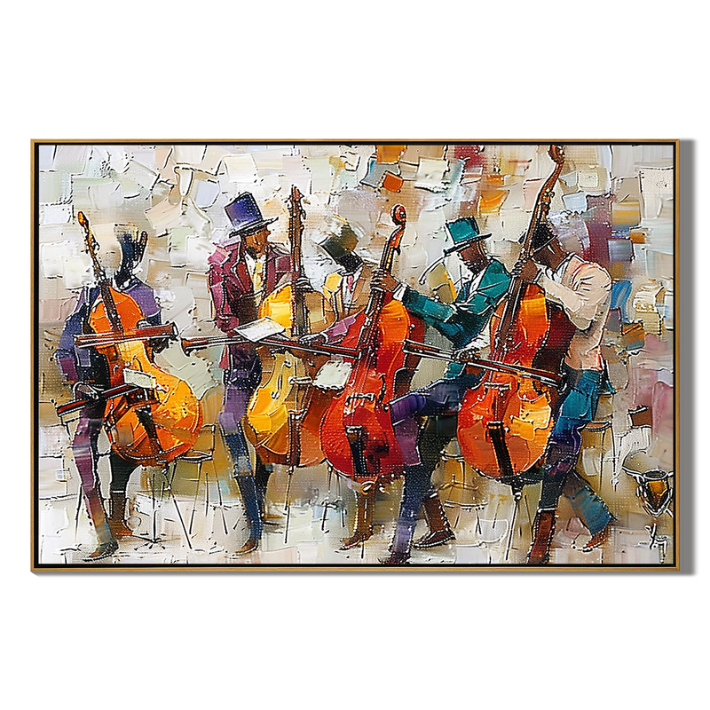 Jazz Rhythm – Hand-Painted Abstract Cello Ensemble Musical Palette Knife Textured Oil Portrait Painting | Contemporary Expressionist Living Room & Office Art