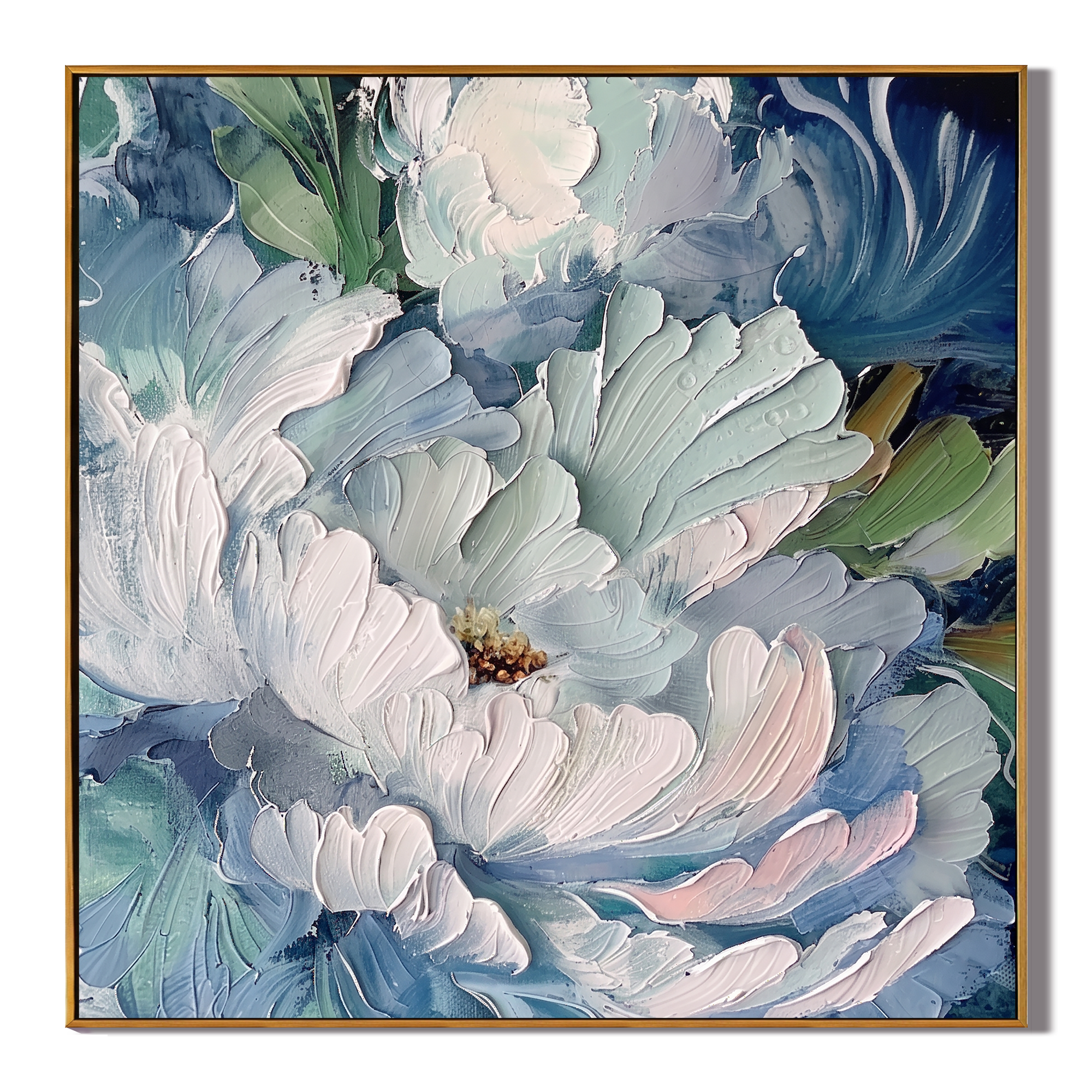 Glacial Bloom – Modern Impasto Floral Oil Painting | Creative Muted Blue & Teal Textured Hallway Art