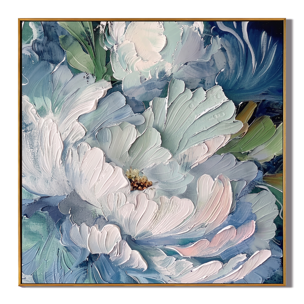 Glacial Bloom – Modern Impasto Floral Oil Painting | Creative Muted Blue & Teal Textured Hallway Art