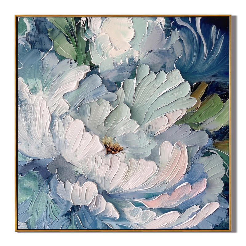 Glacial Bloom – Modern Impasto Floral Oil Painting | Creative Muted Blue & Teal Textured Hallway Art